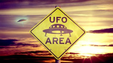 Arka planda tanımlanamayan uçan nesne ile UFO işareti 
