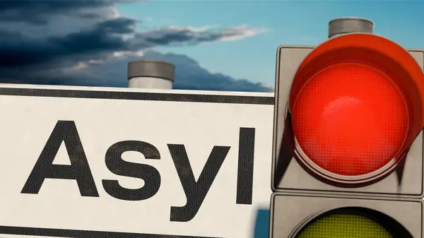 stock image Stopping  irregular migration - A traffic light and a guide post with the German word 