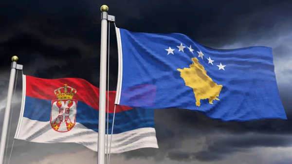 Kosovská Vlajka Srbská Vlajka Před Zataženou Oblohou — Stock fotografie