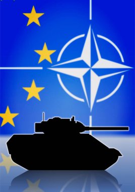 NATO 'nun sembolü, ittifak davası, tanklar, silahlı kuvvetler, silah vesaire. AB 'de portre biçiminde