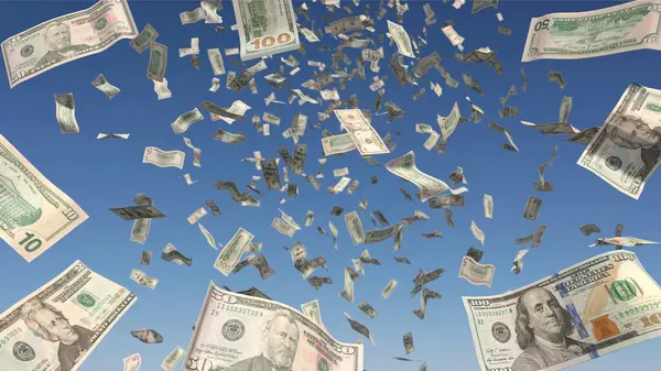 Pioggia Denaro Banconote Dollaro Usa Cielo Blu Foto Stock Royalty Free