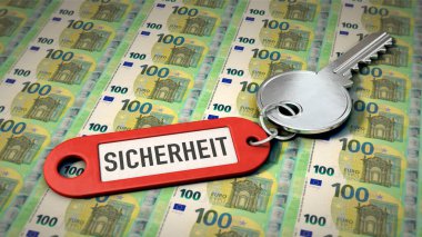 Key and key ring with the German word Sicherheit (security) lie on 100 euro notes