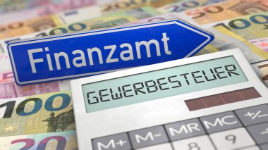 Almanca kelime Finanzamt (vergi dairesi) ve Almanca kelime Gewerbesteuer (ticaret vergisi) ile birlikte hesap makinesi Avrupa notaları üzerinde yer alır.