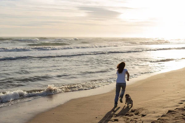 Back View Woman Running Pug Dog Sandy Beach Sunset — Foto de Stock