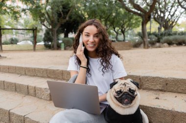 Carefree young curly woman in casual clothes looking at camera while talking on cellphone near laptop and pug dog sitting on stairs in blurred park in Barcelona, Spain  clipart