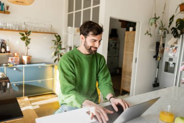 Yeşil kazaklı pozitif ve sakallı serbest çalışan evde çalışırken laptop kullanıyor. 