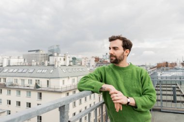 Avusturya, Viyana 'da çatı terasında dikilirken yeşil kazaklı adam gözlerini kaçırıyor.