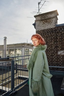Avusturya, Viyana 'da çatı terasında günlük kıyafetlerle gezen şık bir kadın.