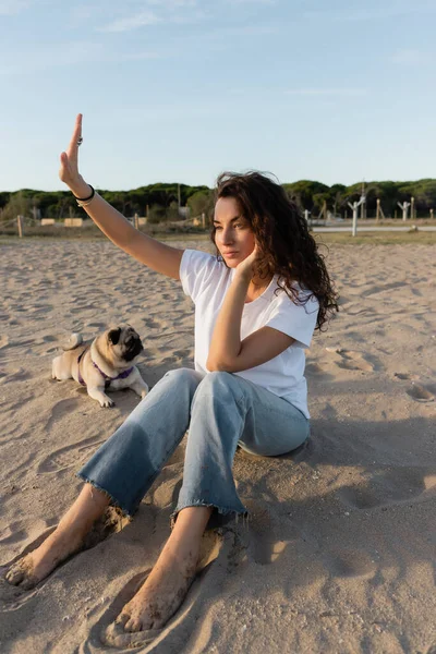 Кудрявая молодая женщина сидит с протянутой рукой рядом с собакой-мопсом на песчаном пляже Барселоны — стоковое фото