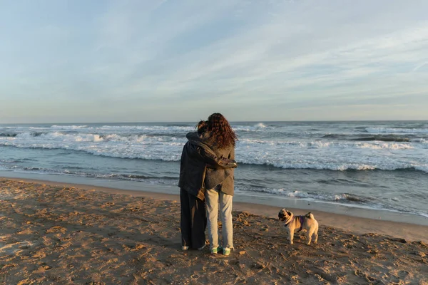 Vista trasera de las mujeres jóvenes abrazándose cerca de perrito en la playa en España - foto de stock