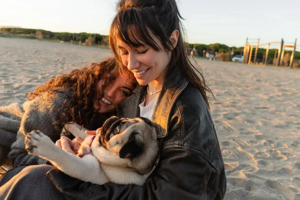 Positive young women playing with pug dog on beach in evening — Stock Photo