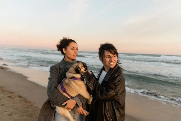 Cheerful friends holding pug dog on beach in Barcelona — Stock Photo
