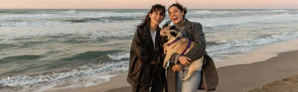 Positive friends holding smartphone and pug dog on sandy beach in Barcelona, banner — Stock Photo