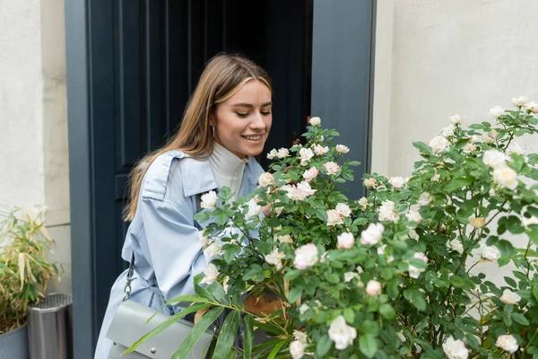 Happy young woman in blue trench coat looking at green bush with blooming flowers on street in Vienna — Stock Photo