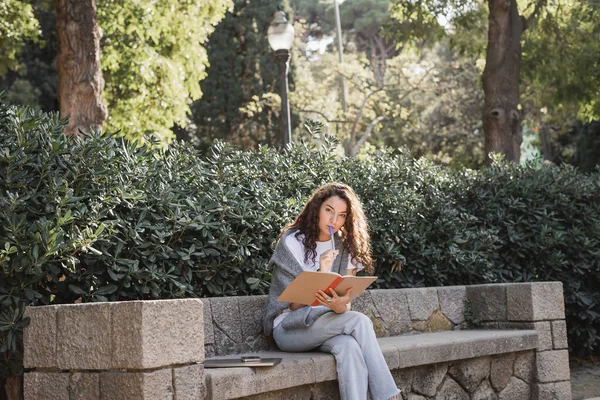 Giovane donna riccia focalizzata che tiene il pennarello vicino alle labbra e al notebook mentre guarda la fotocamera vicino ai gadget sulla panchina di pietra e alle piante verdi nel parco di Barcellona, Spagna — Foto stock