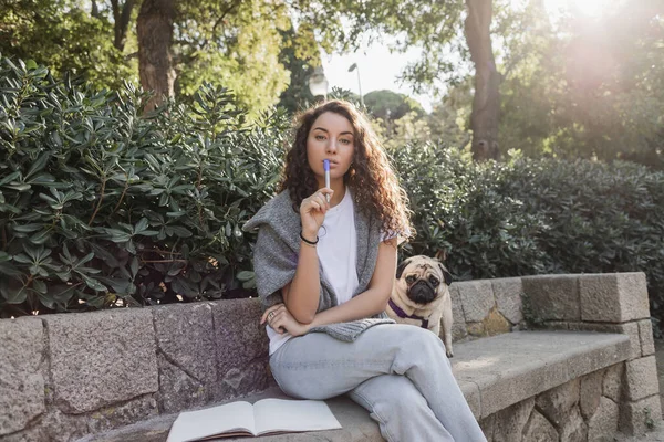 Focused young and curly woman in casual clothes holding marker and looking at camera near notebook with copy space and pug dog sitting on stone bench in park in Barcelona, Spain — Stock Photo