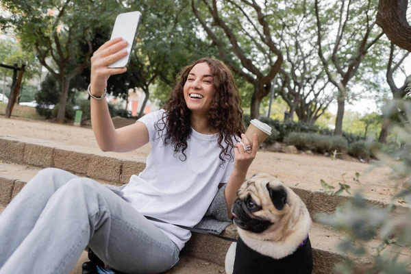 Fröhliche junge und lockige Frau in lässiger Kleidung mit Videoanruf auf dem Smartphone und Kaffee zum Mitnehmen in der Nähe eines Mops, der tagsüber im verschwommenen Park in Barcelona auf einer Treppe sitzt — Stockfoto