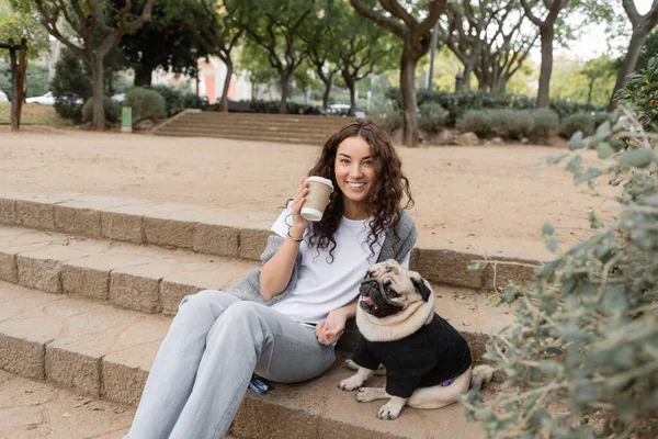 Young and curly woman in casual clothes smiling at camera while holding takeaway coffee in paper cup and spending time with pug dog on stairs in park in Barcelona, Spain — Stock Photo