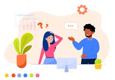 Ofis işi, afro erkek çalışan düz çizimde müdürle konuşuyor.