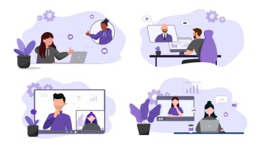 Bir dizi düz çizimler uzaktan çalışma, yakınlaştırma konferansı, toplantı, online konferans. Çalışanlar ve yöneticilerden geri bildirim. Mor ve gri renkli çizimler.