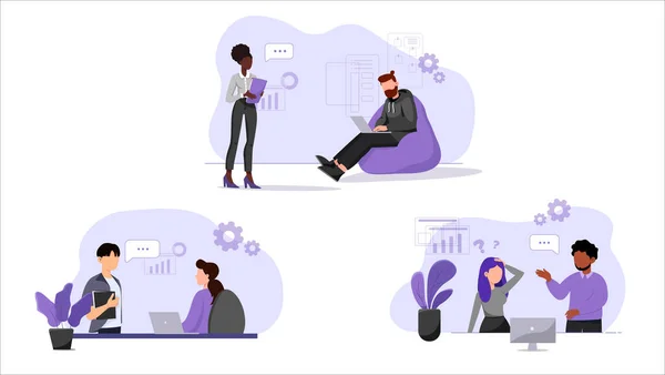 Set Flat Illustrations Office Work Feedback Employees Managers Illustrations Purple — Stock Vector