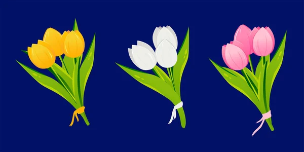 Bouquets Tulipes Dans Style Vectoriel Plat Bouquet Tulipes Jaunes Bouquet — Image vectorielle