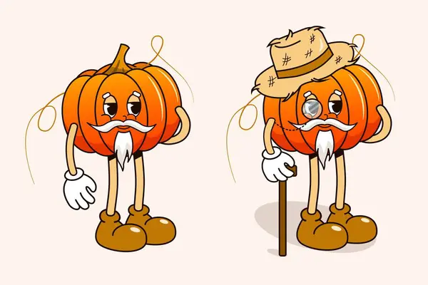 Vector Retro Cartoon Character Old Pumpkin Groovy Style Pumpkin Character — Stock Vector