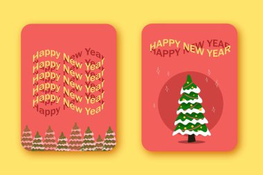 İçinde eski tarz grafik harflerle Noel ağaçları olan mutlu yıllar kartları.