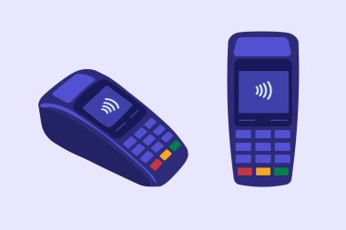 Kredi kartları için vektör ödeme terminali, iki elektronik kablosuz okuyucu seti, düz vektör karikatür tarzında temassız ödeme terminali