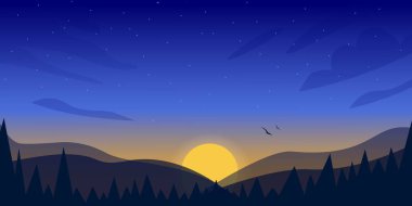 Dağlarda köknar ağaçlarının siluetiyle gün batımını seyredeceğiz. Ağaçlar ve tepeler güneş ve gökyüzü olan 2D karikatür manzarası