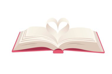Çizgi film tarzında açık bir kitap. Kitap sayfası tarafından oluşturulan kalp sembolünü yönlendir. Arka planda izole. Dünya Kitap Günü.