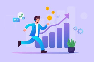 Increase business sales. Stock market concept in flat design for web person achieving success in investing and financial growth on graph. Vector illustration for social media marketing materials. clipart