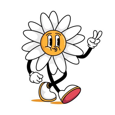 Retro çizgi film yürüyüşü gülümseyen papatya çiçeği maskotu iki parmağını gösteriyor. Barış işareti. Vintage retro tarzında vektör illüstrasyonunda yürüyen çiçek karakteri. 