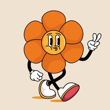 Vintage retro tarzında vektör illüstrasyonunda yürüyen çiçek karakteri. Geriye dönük çizgi film yürüyen gülümseyen çiçek maskotu iki parmağını gösteriyor, barış işareti..