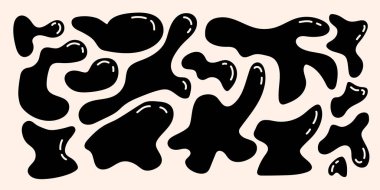 Soyut amip kabarcık şekilli elementler ayarlandı. Eğlence balonları, organik elementler işaretleri ve modaya uygun geçmişe dönük ışıltılar. Çizgi film düz vektör graffiti çizimi beyaz arkaplanda izole edildi