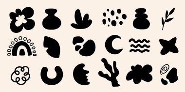 El çizimi geometrik şekillerin vektör kümesi. Organik şekiller, siyah sıvı formlar. Tasarım ögeleri modern biçim