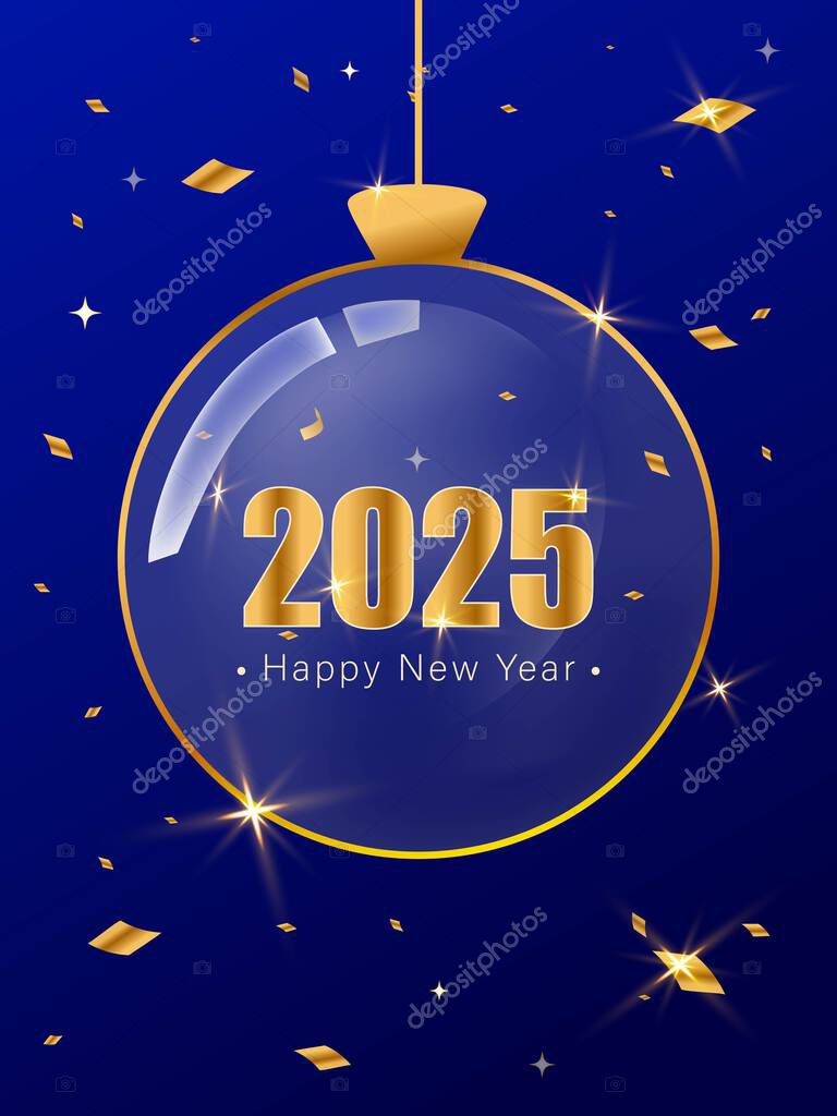 Happy New Year 2025 Christmas background Christmas decorations transparent ball hanging on a golden