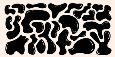 Soyut amip kabarcık şekilli elementler ayarlandı. Eğlence balonları, organik elementler işaretleri ve modaya uygun geçmişe dönük ışıltılar. Çizgi film düz vektör graffiti çizimi beyaz arkaplanda izole edildi