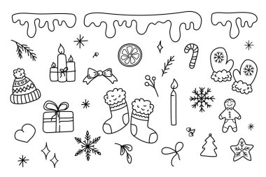 New year doodle vector set winter black elements isolated on white background. Color the new year elements
