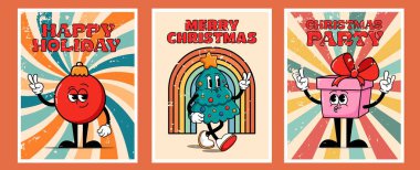 Karakterli havalı retro kartlar. Havalı hippi noeli. Havalı ve parlak tebrik kartı, mutlu noeller, noel partisi, tatil afişi, baskı, parti davetiyesi, geçmiş.