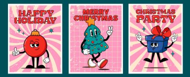Moda hippi modası geçmiş Noel kartları. Mutlu Noel posterleri, Noel partisi, mutlu tatiller. Moda tarzı 70 'ler, Noel ağacı oyuncağı, ağaç, hediye.