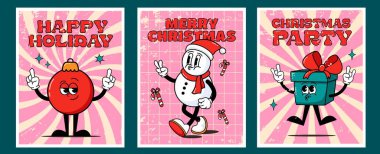 Moda hippi Noel kartları seti. Mutlu Noel posterleri, Noel partisi, mutlu tatiller. Eski moda çizgi film stili 70 'lerin kardan adamı, Noel ağacı oyuncağı, hediye