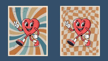 Metinsiz eski bir kalp karakteri posteri. Aşk konsepti. Sevgililer Günün kutlu olsun. 60 'ların hippi posteri 70' lerin modası geçmiş Y2K estetik Komik kalp karakteri Güzel şablon trend vektör çizimi