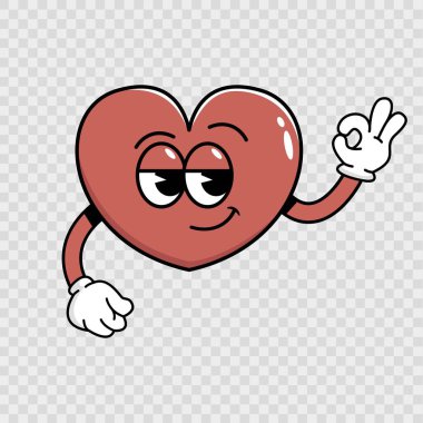 Sevgililer Günü. Retro karakter kalbi tamam işareti gösteriyor. Eski animasyon 60 'lar 70' ler