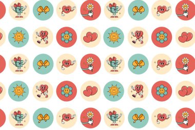 Model modası geçmiş hippi aşkları yuvarlak çıkartma seti. Geçmiş Sevgililer Günü 'n kutlu olsun. 70 'lerin modası geçmiş çizgi film tarzında komik, mutlu bir kalp karakteri. Retro karakterler ve elementler.