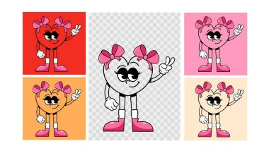 Kalp hatları çizilmiş, parmaklarını barış işareti olarak gösteren bir kız şeklinde eski moda bir çizgi film tılsımı. Sevgililer günü kartı.