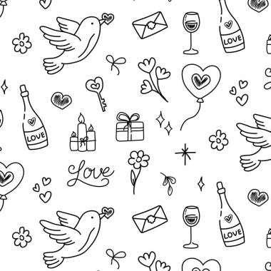 Sevgililer Günü deseni siyah beyaz temalı: kalpler, şişe ve şarap kadehleri, kalp şeklinde balon, hediye, zarf, mektup, çiçekler.