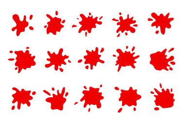 Elle çizilmiş kırmızı boya koleksiyonu. Ketçap sosu damlaları, kırmızı soslar, sıçramalar. Lanet olası sıçramalar. Beyaz arka planda izole edilmiş. Tasarımlarınız, projeleriniz, cadılar bayramı tasarımınız için bir öge