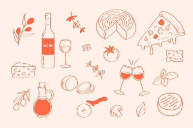 İtalyan mutfak malzemeleri: şarap, peynir, pizza ve Akdeniz yemeği. Doodle biçim illüstrasyonu