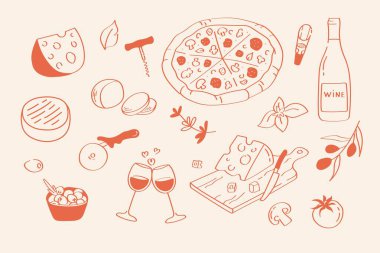 Elle çizilmiş pizza, peynir, şarap, zeytin... İtalyan yemeği seti... Doodle tarzı illüstrasyon. Minimalist el yapımı yiyecek ve içecek vektör illüstrasyon koleksiyonu